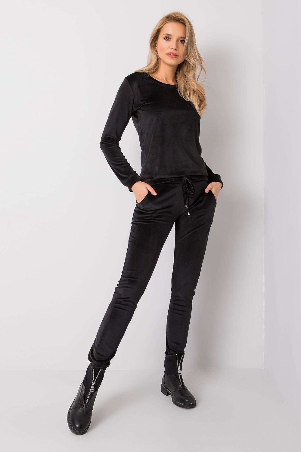 “Black Velour Lounge Luxe Set, front view”