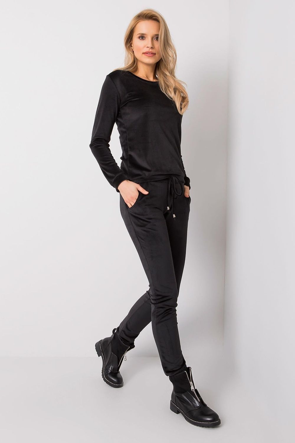 “Black Velour Lounge Luxe Set, front angled view”