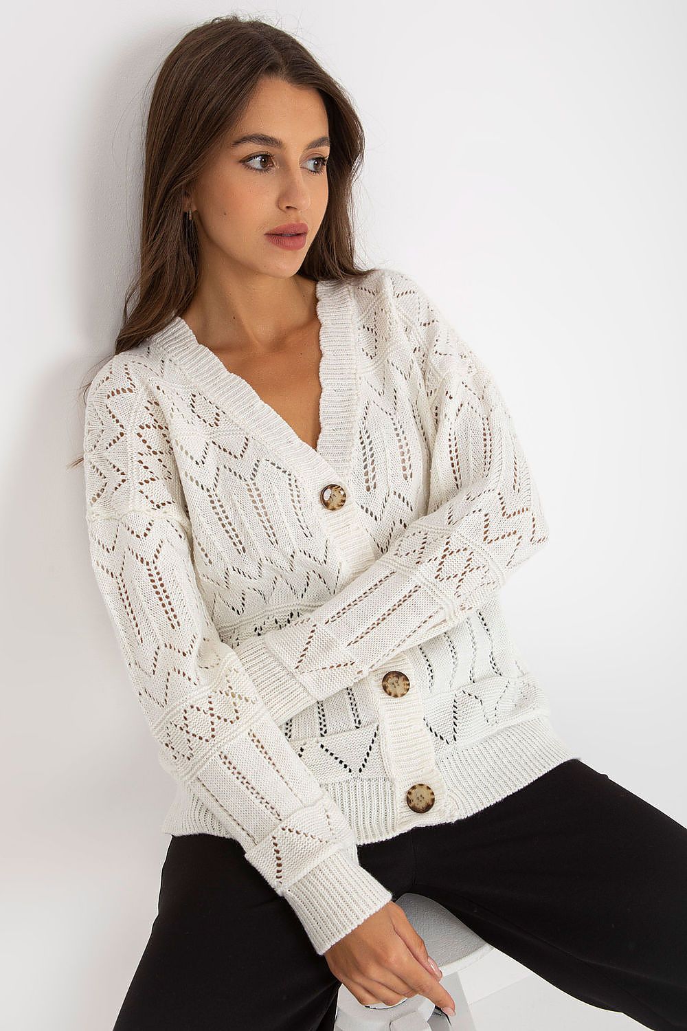 “Beige Breezy Charm Openwork Cardigan, side view”