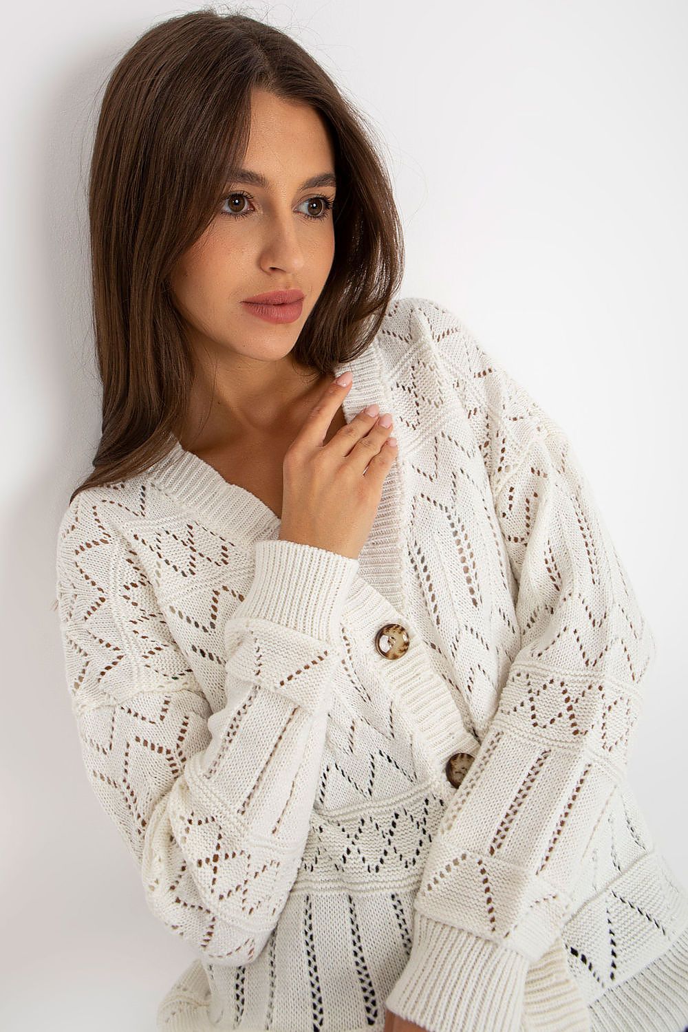 “Beige Breezy Charm Openwork Cardigan, standalone image”
