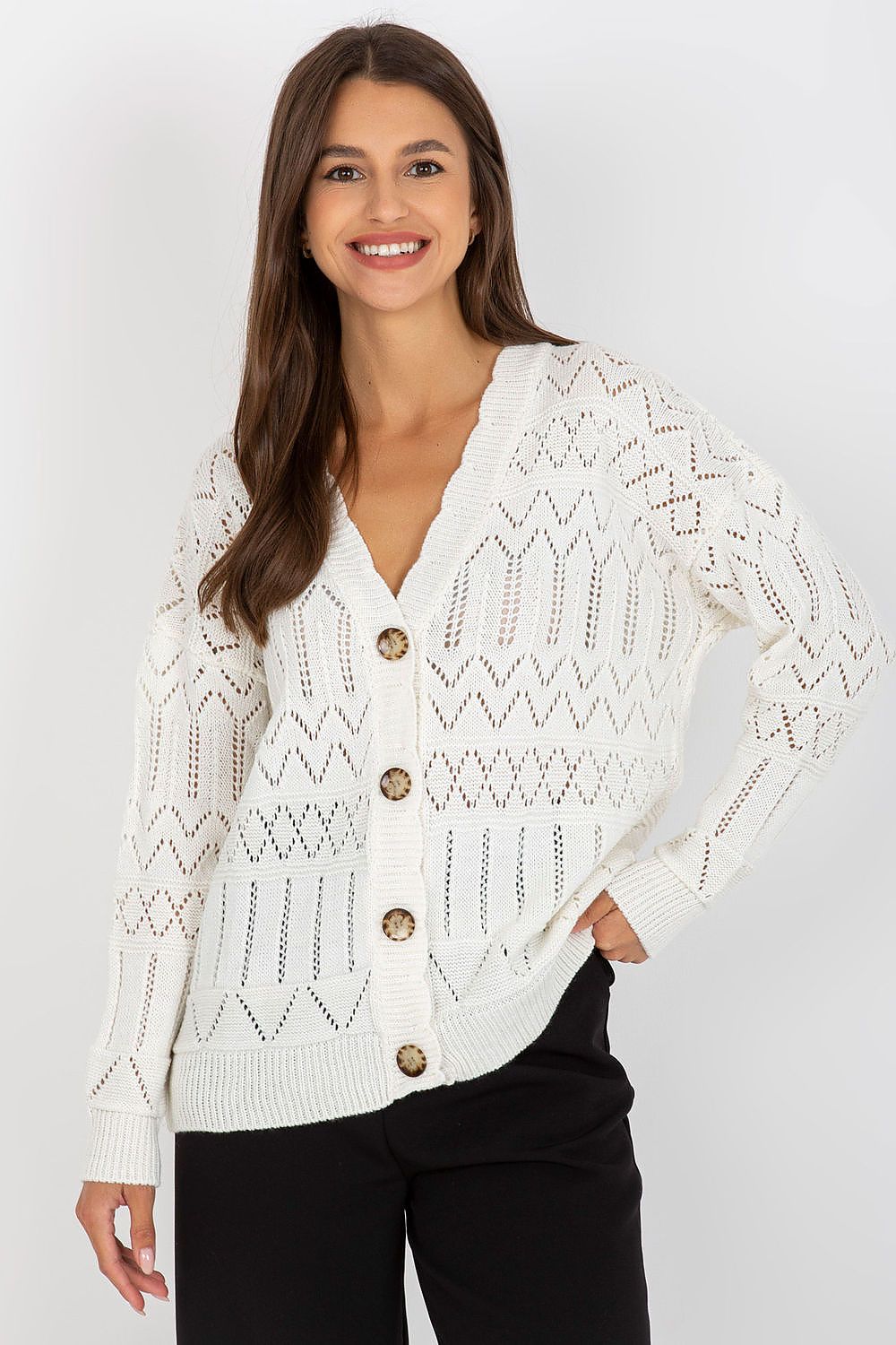 “Beige Breezy Charm Openwork Cardigan, front view”