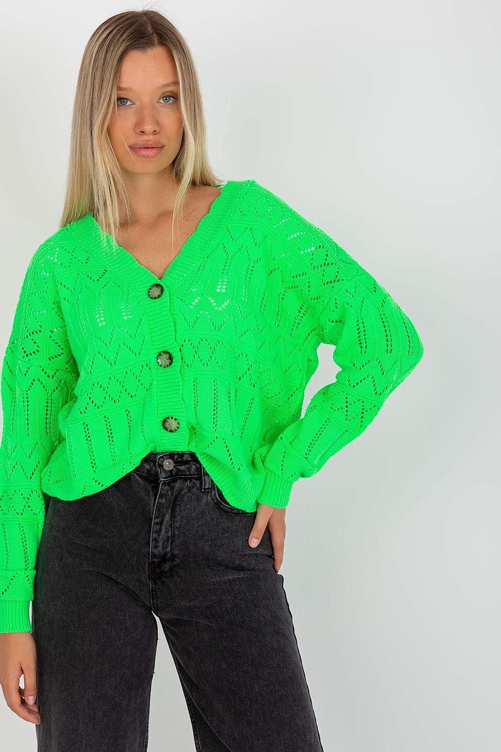 “Green Breezy Charm Openwork Cardigan, front view”