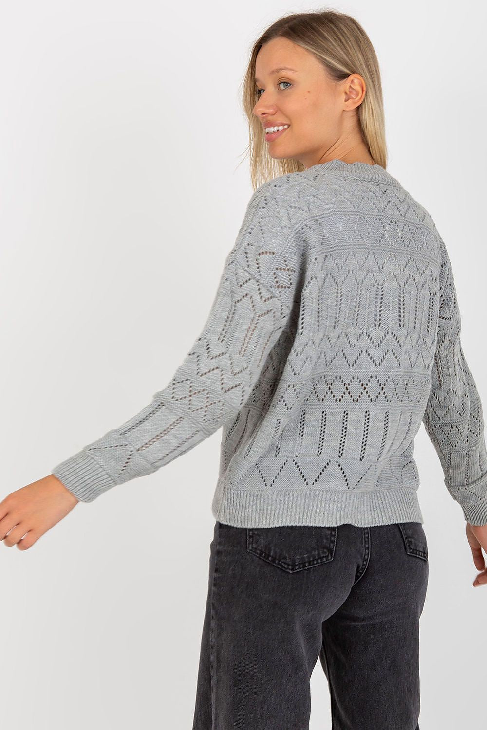 “Grey Breezy Charm Openwork Cardigan, back view”