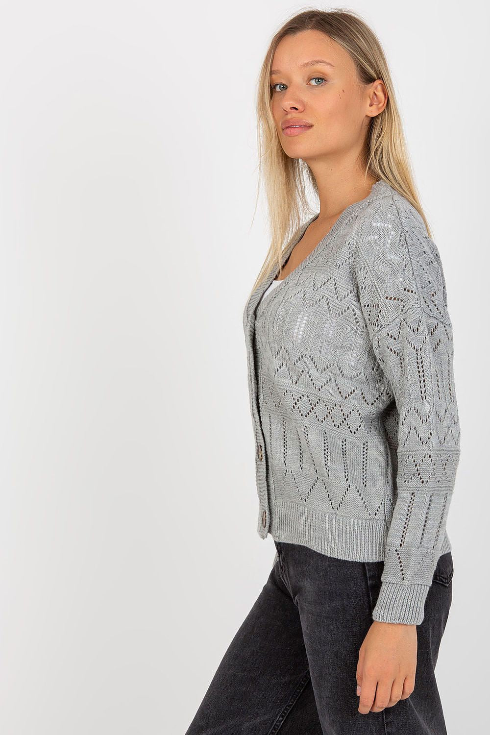 “Grey Breezy Charm Openwork Cardigan, side view”