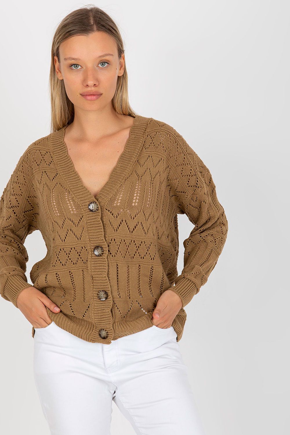 “Beige-2 Breezy Charm Openwork Cardigan, front view”