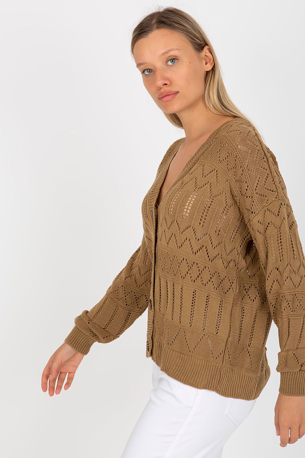 “Beige-2 Breezy Charm Openwork Cardigan, side view”