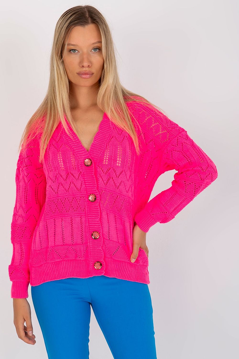 “Pink Breezy Charm Openwork Cardigan, front view”