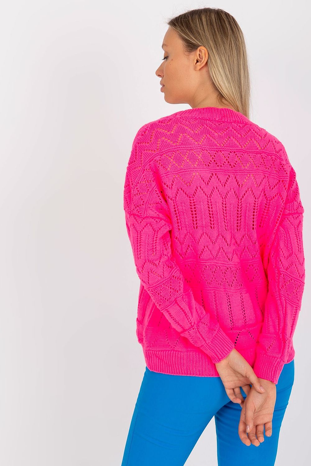 “Pink Breezy Charm Openwork Cardigan, back view”