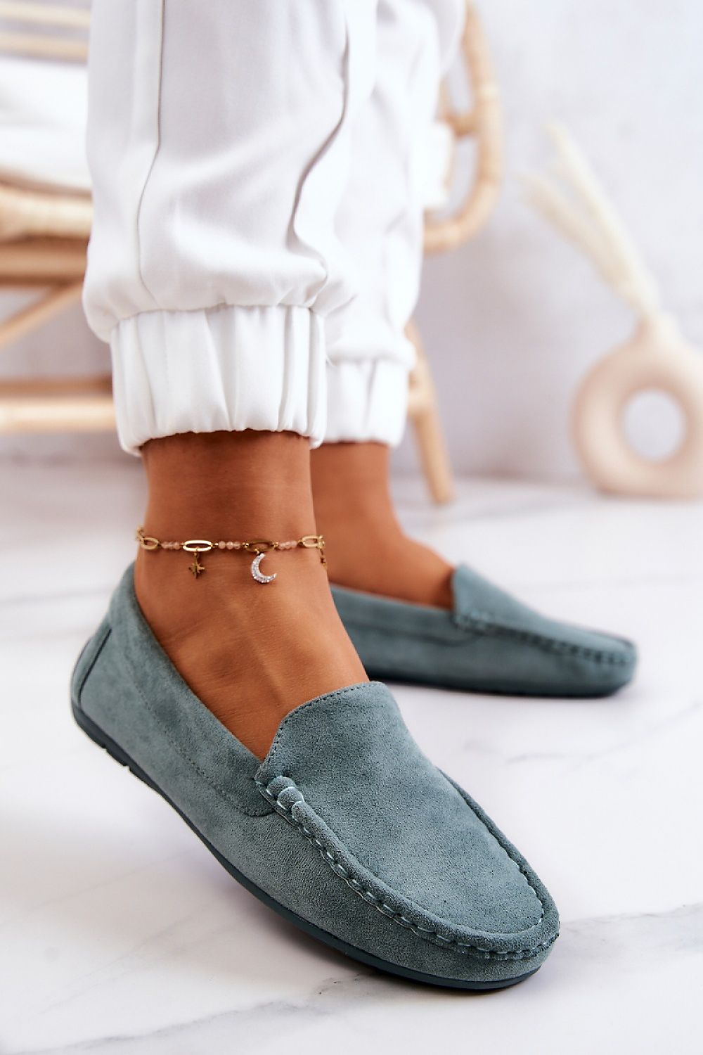 Timeless Comfort Moccasins in Green – Front View2