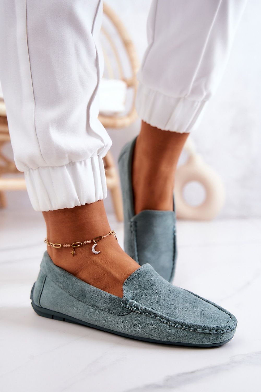 Timeless Comfort Moccasins in Green – Side View