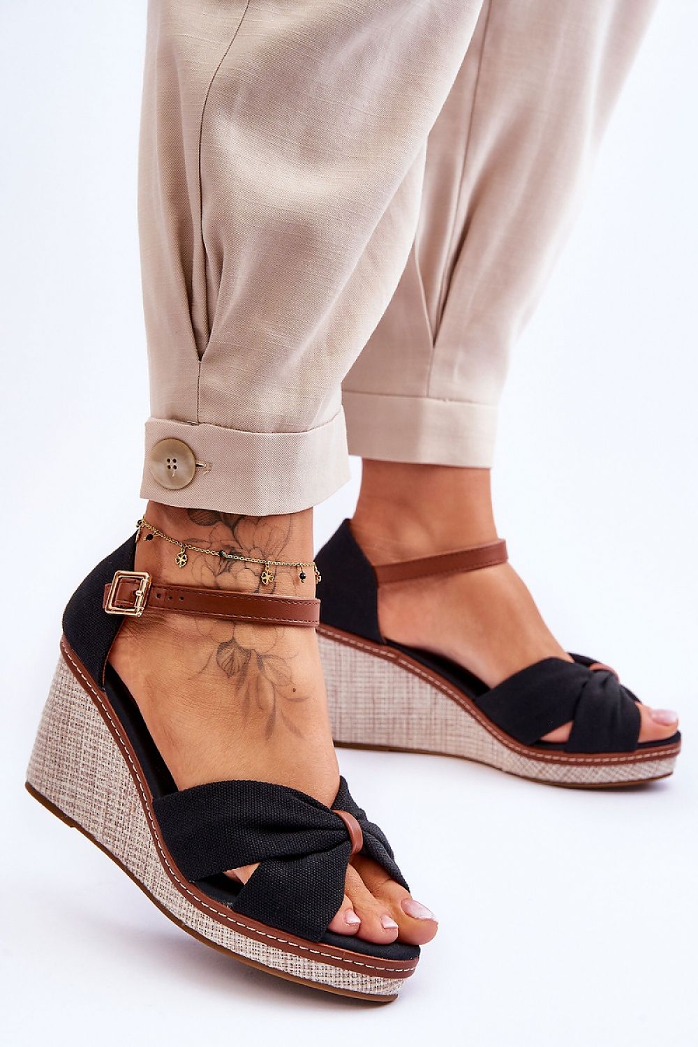 Summer Stride Fabric Heel Sandals in Black – Front View 1