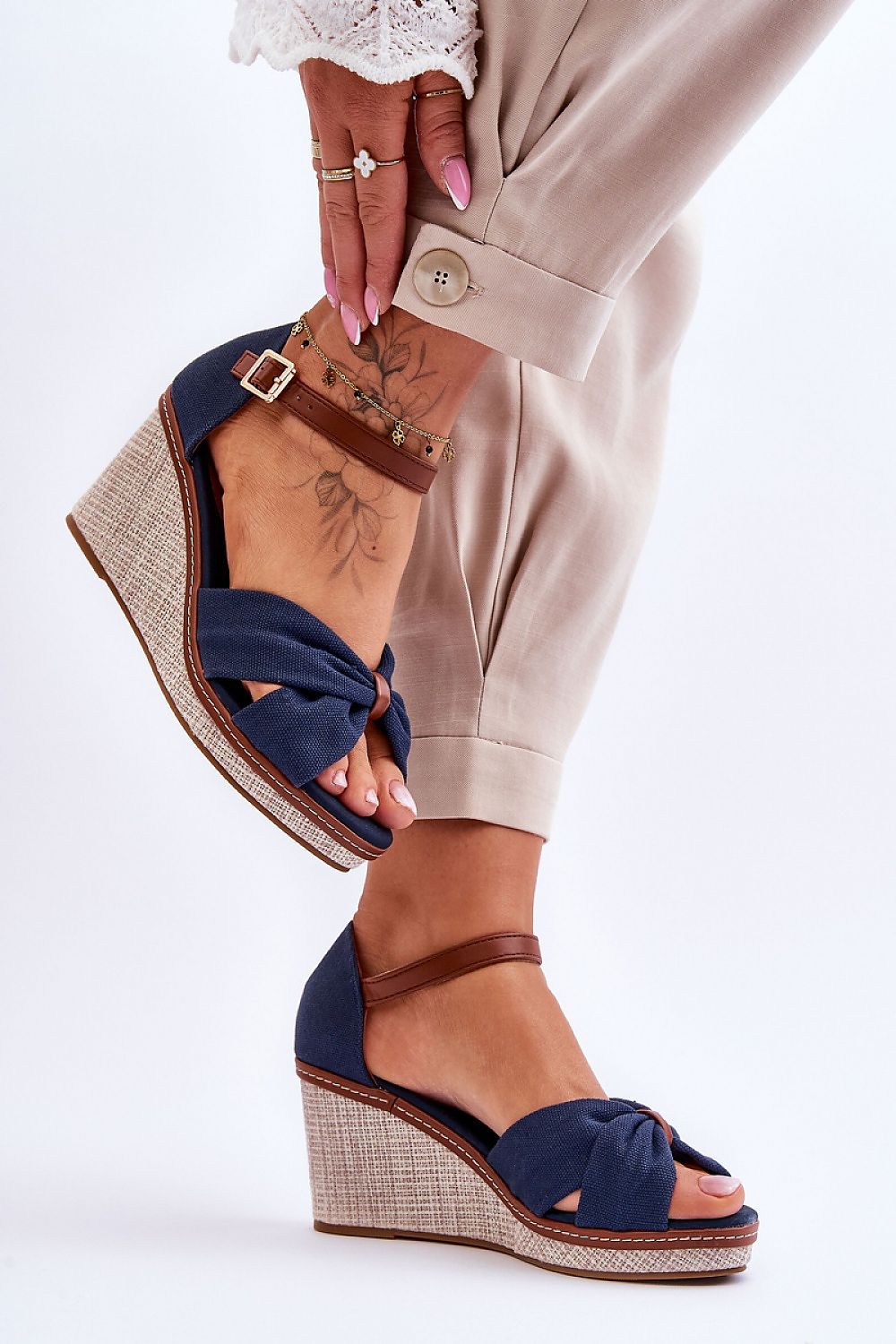 Summer Stride Fabric Heel Sandals in Navy-Blue – Front View 2