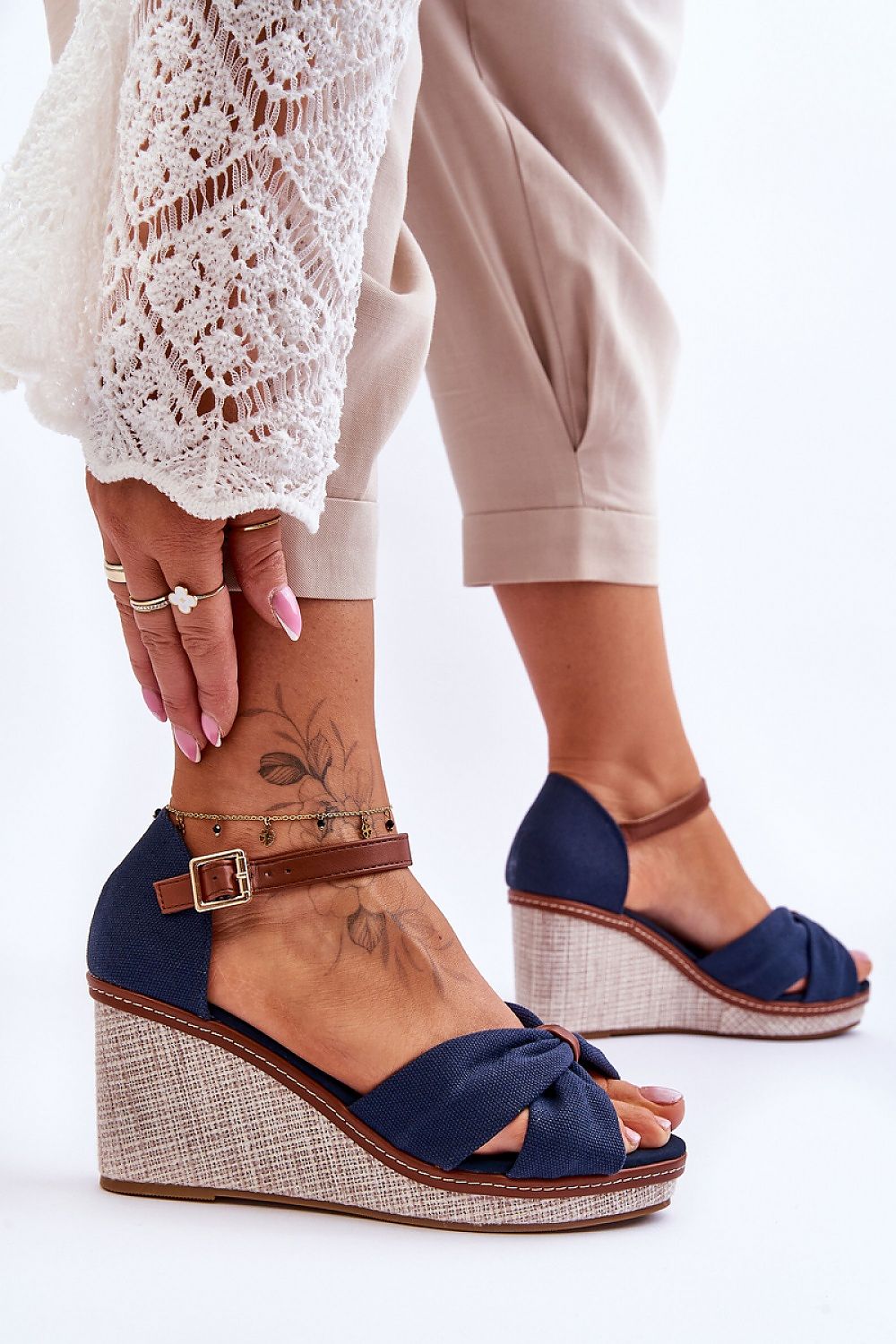 Summer Stride Fabric Heel Sandals in Navy-Blue – Front View 3