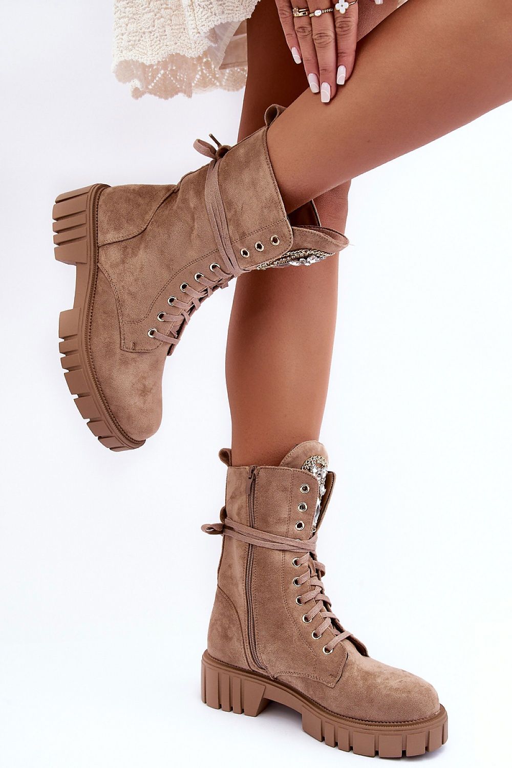 “Glam Step Eco-Suede Boots in Beige, alternate side view”
