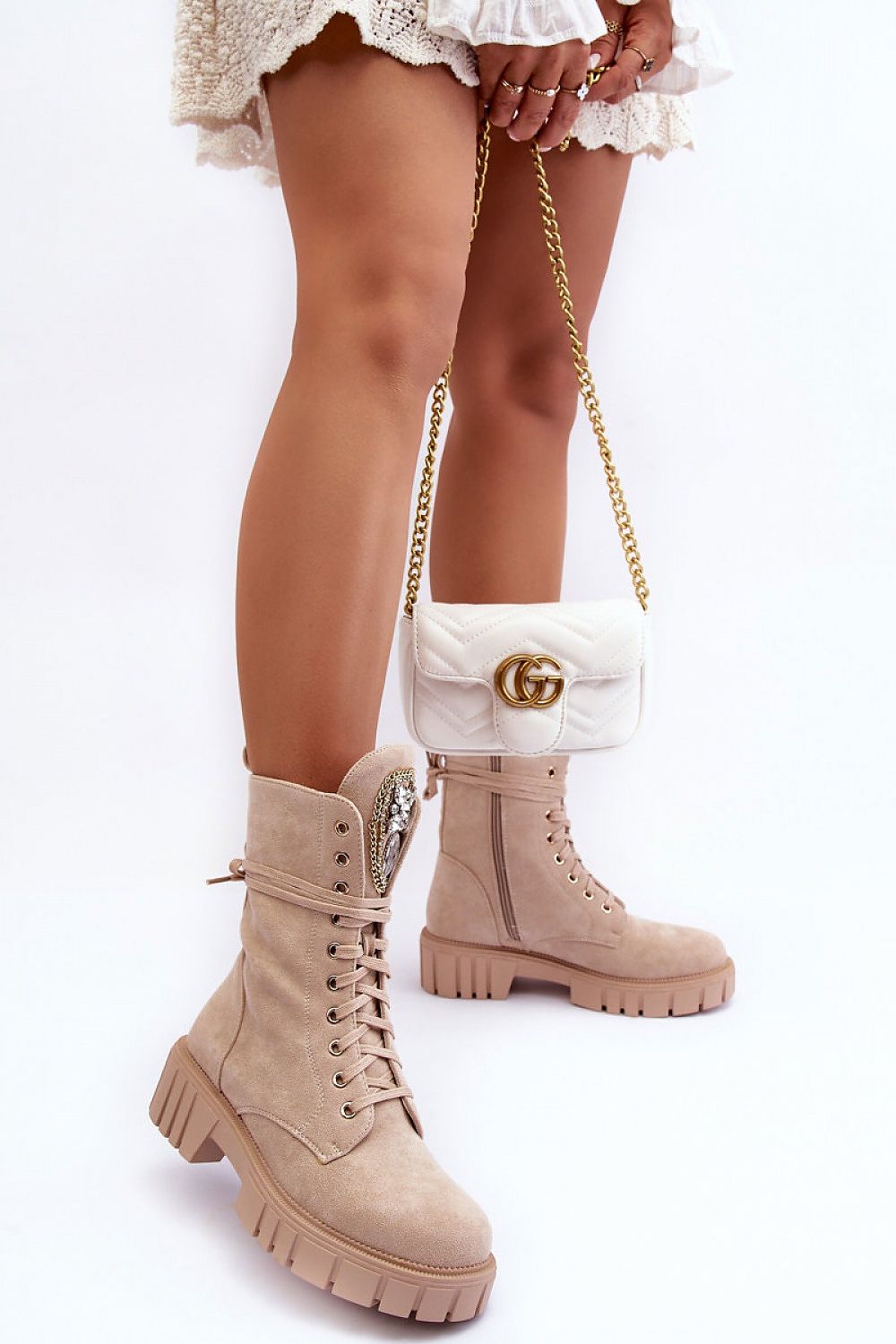 “Glam Step Eco-Suede Boots in Beige-2, alternate side view”