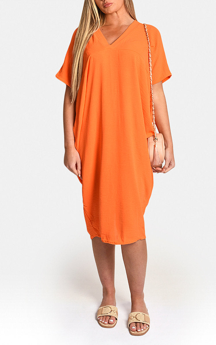 V-Neck Half-Sleeve Midi Dress