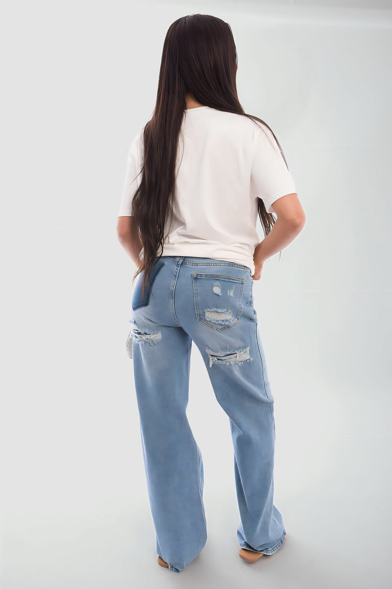 Back Statement Distressed Straight Leg Jeans