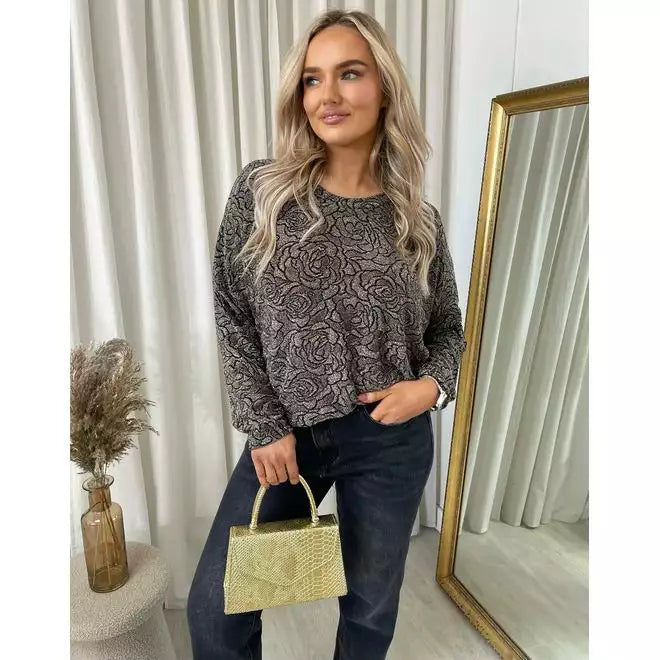 Long Sleeve Glitter Floral Pattern Top
