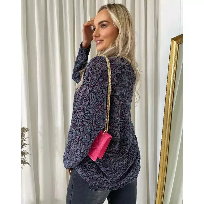 Long Sleeve Glitter Floral Pattern Top