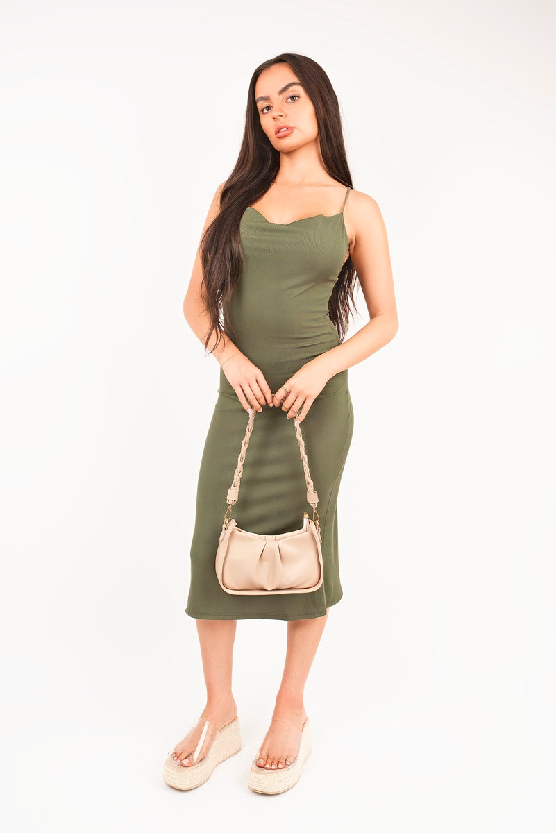 “Khaki spaghetti strap bodycon midi dress, front view”