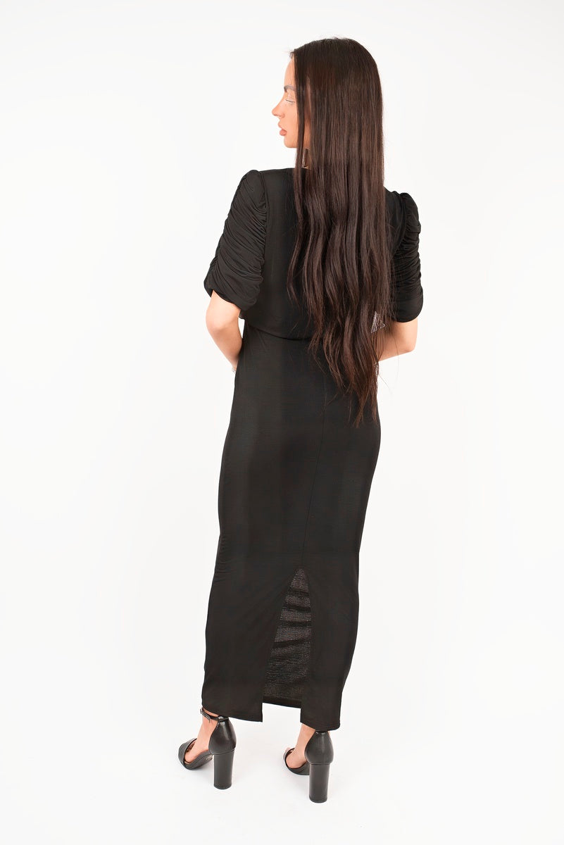 “Black ruched short sleeve maxi dress with draped bodice, back view”