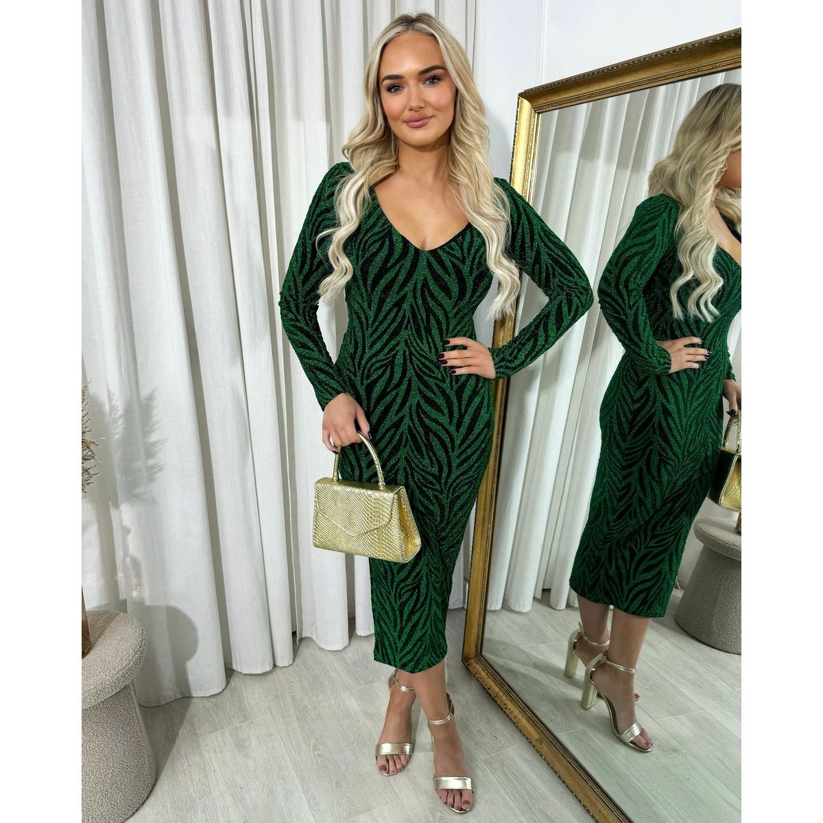 Printed V-Neck Long Sleeve Glitter Midi Dress
