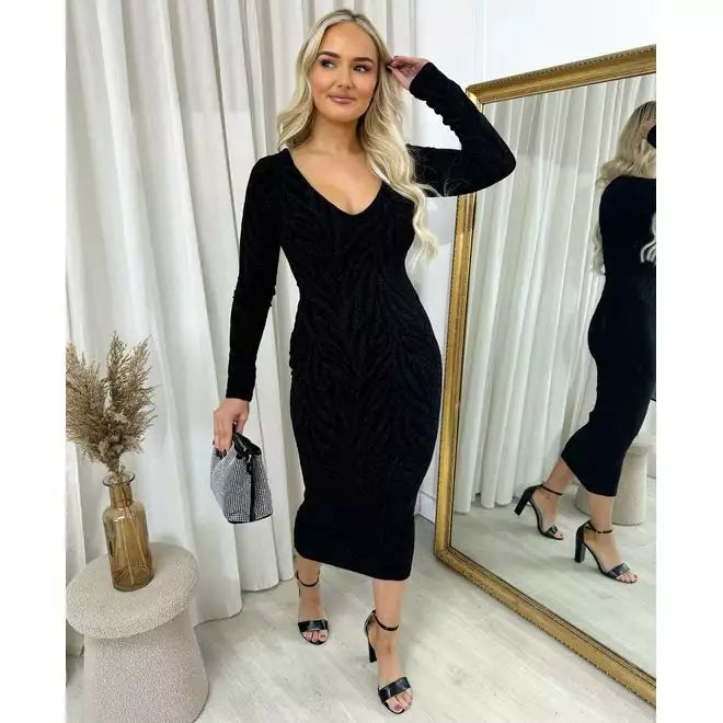 Printed V-Neck Long Sleeve Glitter Midi Dress