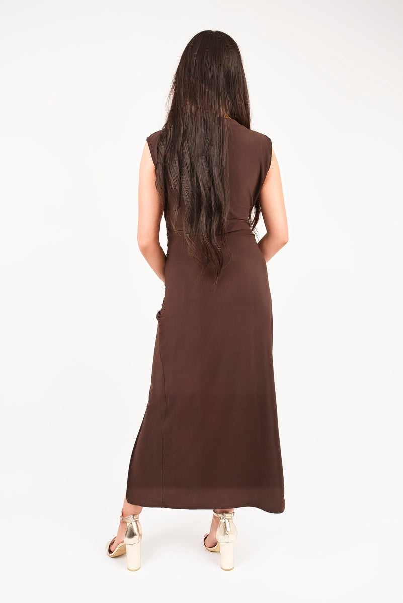 “Chocolate sleeveless drape ring detail split midi dress, back view”