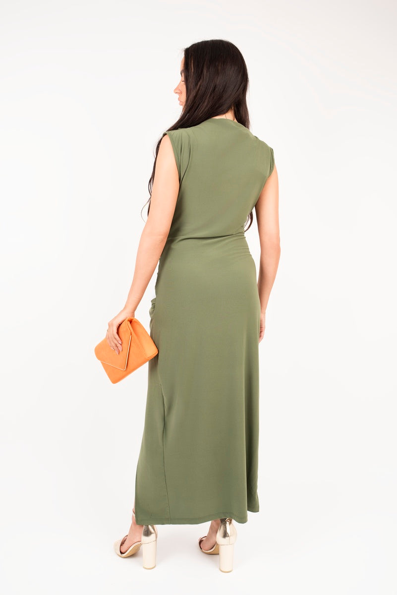 “Khaki sleeveless drape ring detail split midi dress, back view”