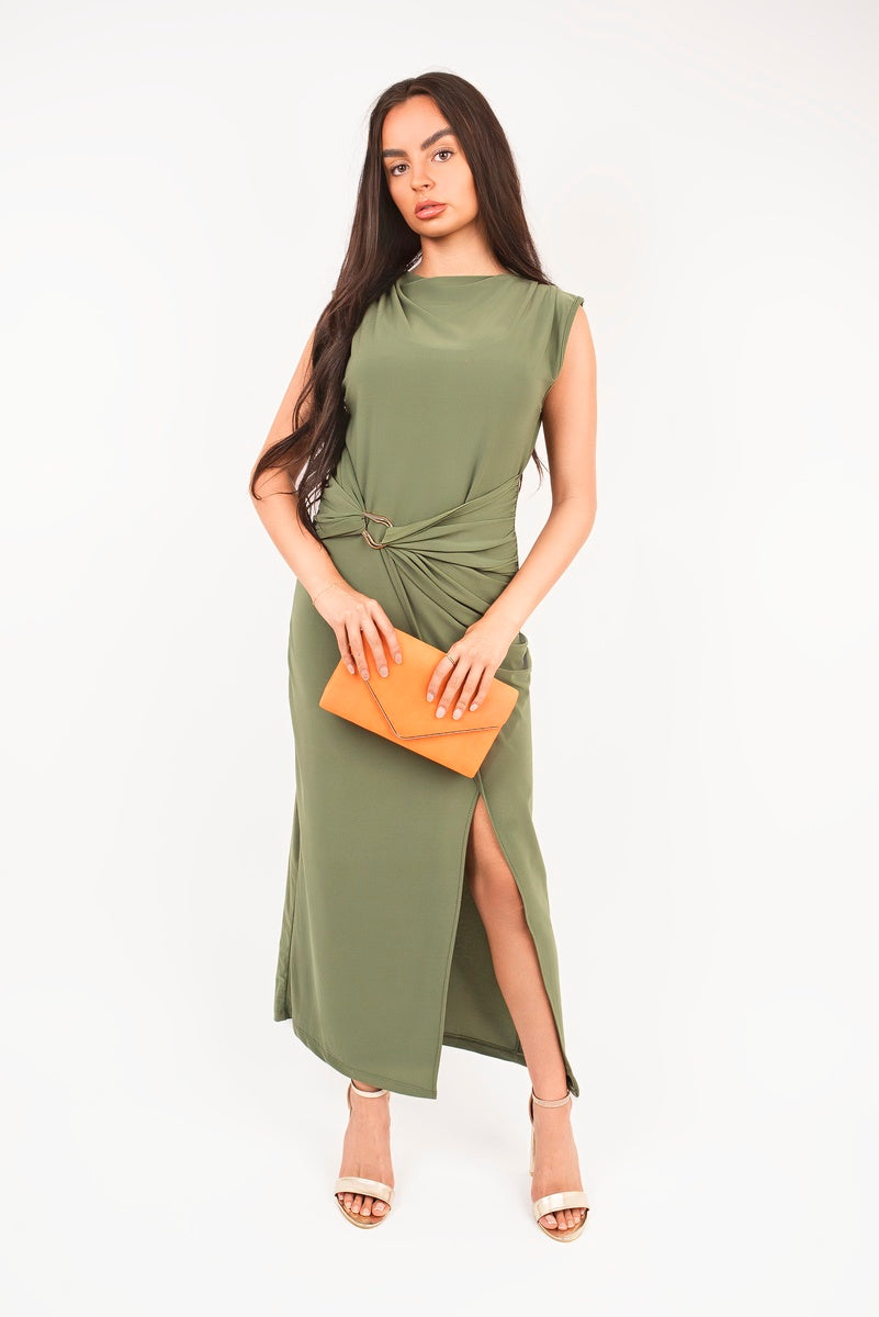 “Khaki sleeveless drape ring detail split midi dress, detailed view”