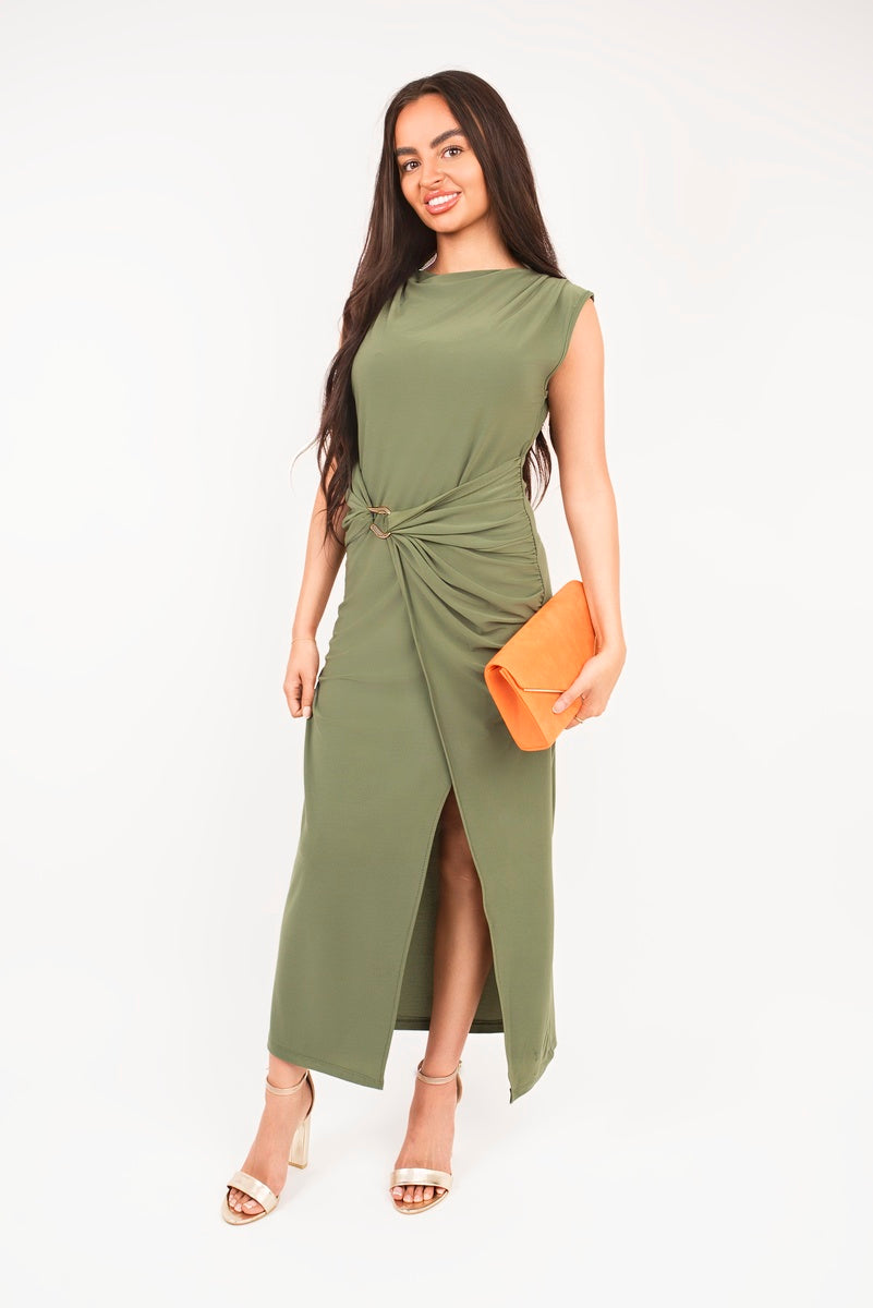 “Khaki sleeveless drape ring detail split midi dress, front view”