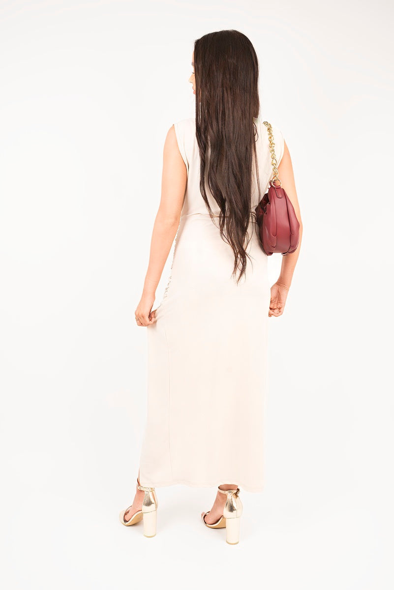 “Beige sleeveless drape ring detail split midi dress, back view”