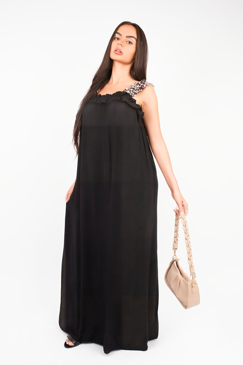“Black leopard strap sleeveless maxi dress with ruffle detail, detailed view”