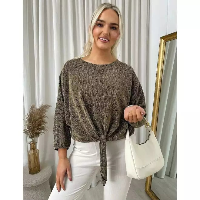 Shimmer Long Sleeve Tie Front Top