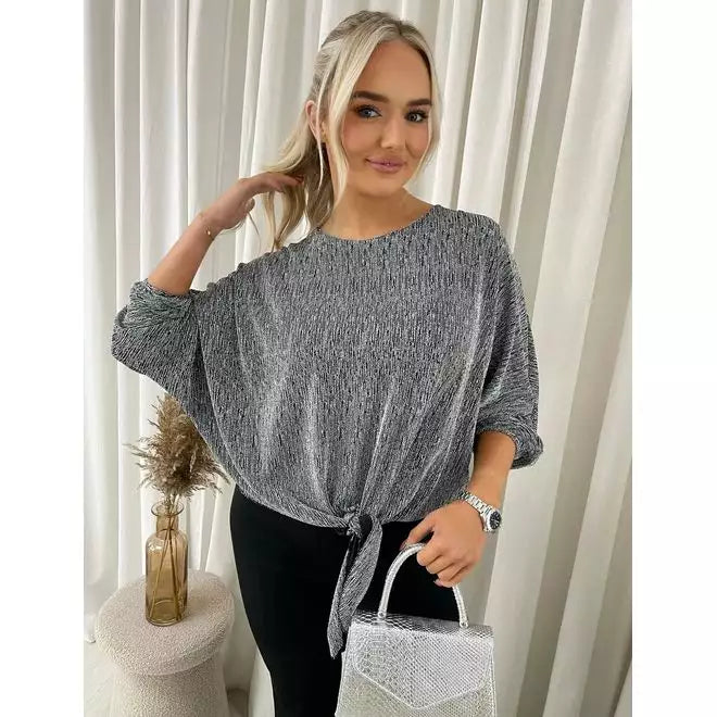 Shimmer Long Sleeve Tie Front Top