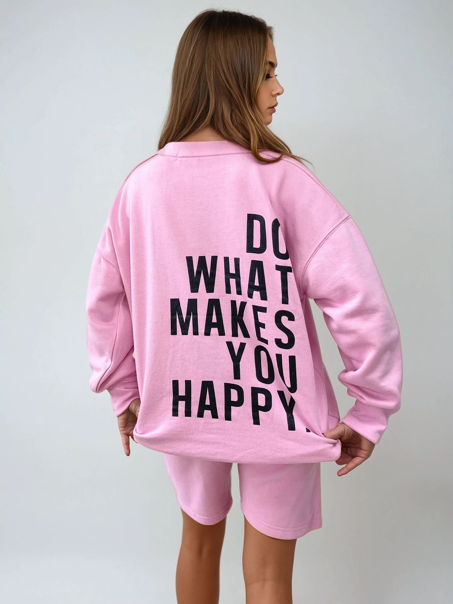 Do What Makes You Happy Print Oversized Sweatshirt and Shorts Co-ord Set