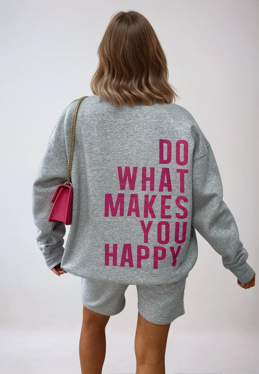 Do What Makes You Happy Print Oversized Sweatshirt and Shorts Co-ord Set