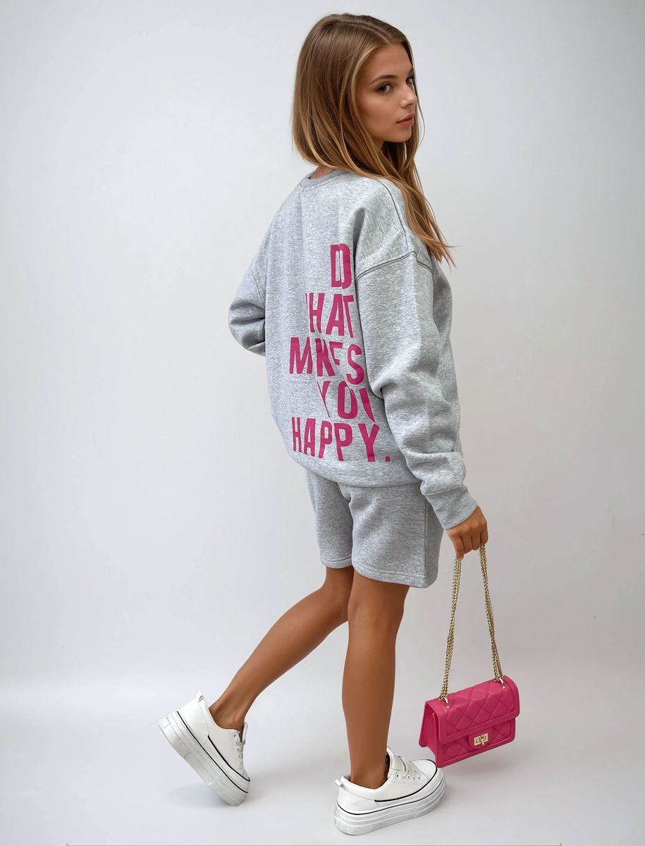 Do What Makes You Happy Print Oversized Sweatshirt and Shorts Co-ord Set