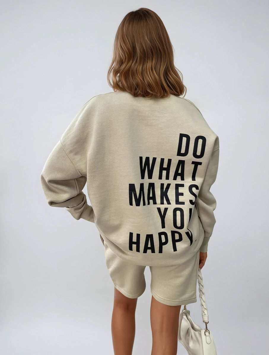 Do What Makes You Happy Print Oversized Sweatshirt and Shorts Co-ord Set