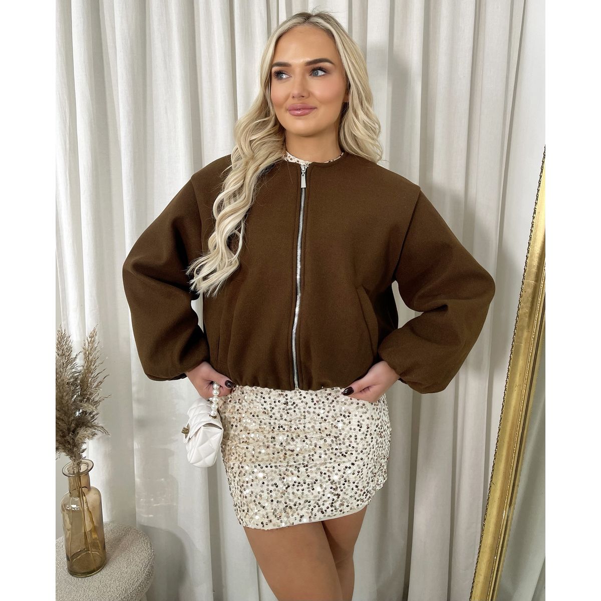 Cropped Zip Up Balloon Sleeve Bomber Jacket
