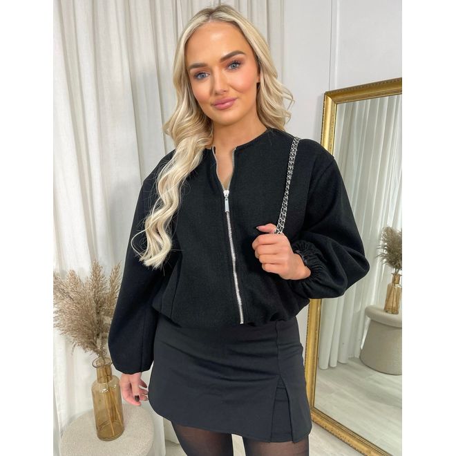 Cropped Zip Up Balloon Sleeve Bomber Jacket