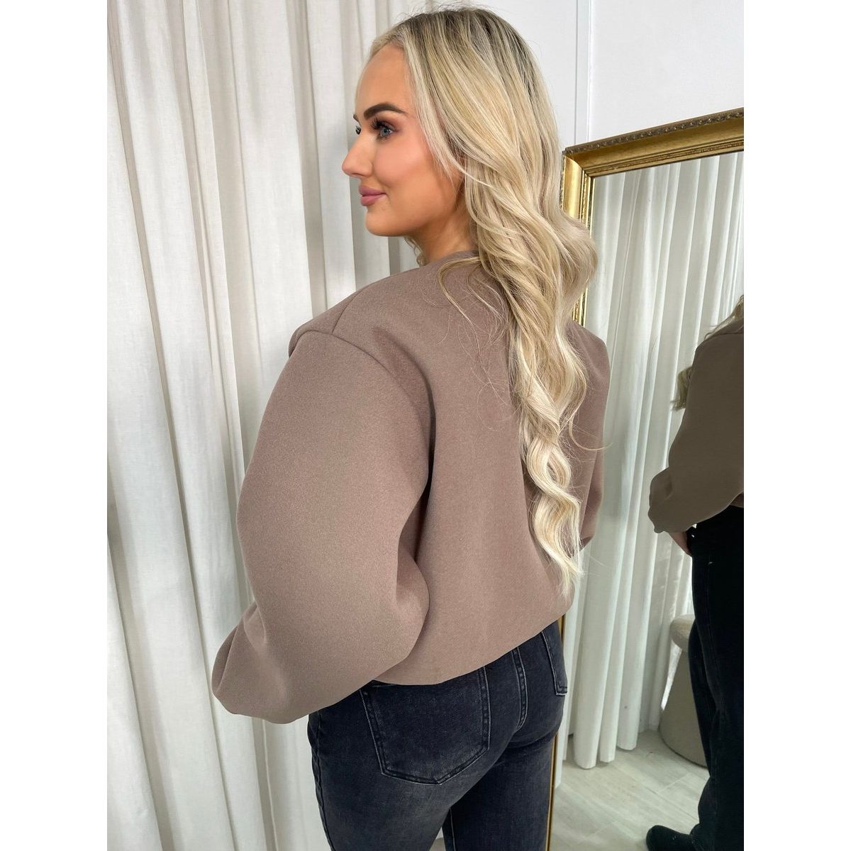 Cropped Zip Up Balloon Sleeve Bomber Jacket