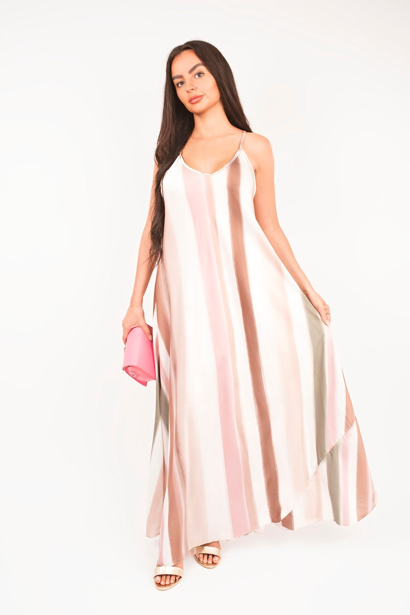 “Pink strappy printed maxi dress with vertical stripes, detailed view”