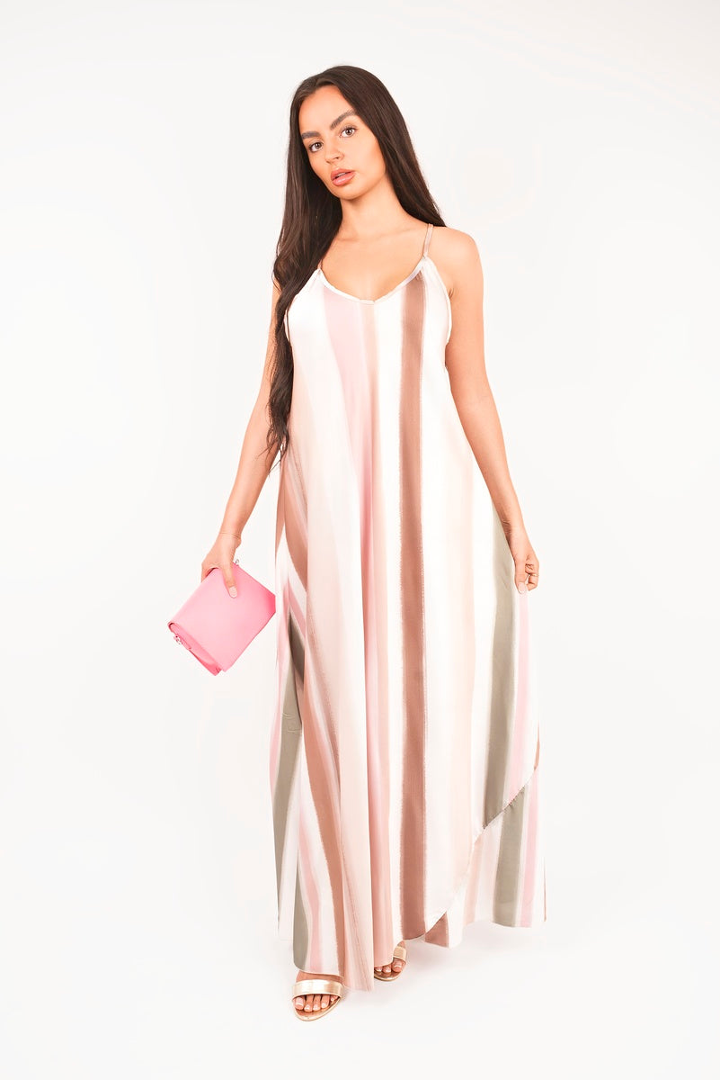 “Pink strappy printed maxi dress with vertical stripes, front view”