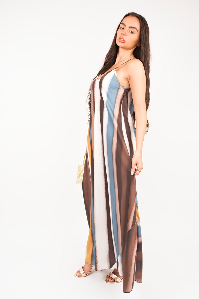 “Brown strappy printed maxi dress with vertical stripes, side view”