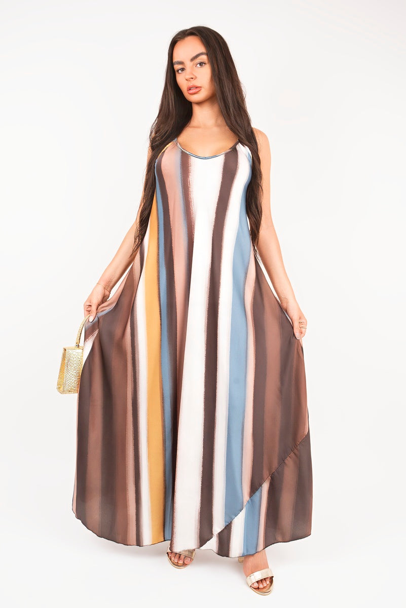 “Brown strappy printed maxi dress with vertical stripes, front view”