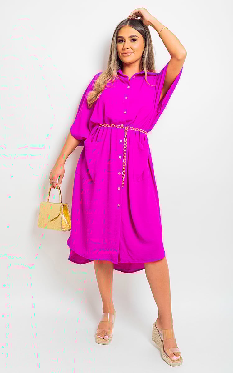 Button Down Collared Midi Dress with Front Pockets