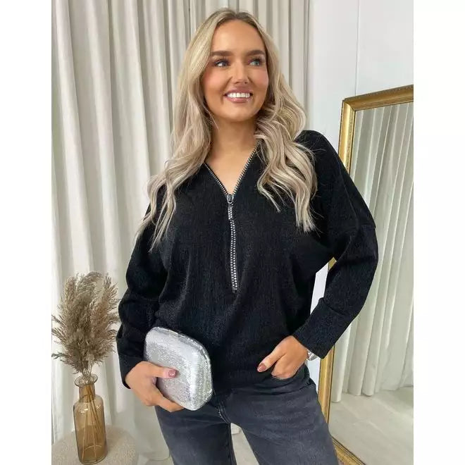 Front Zip Detail Glitz Top