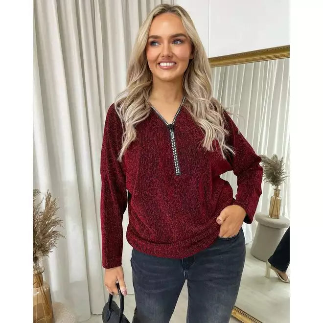 Front Zip Detail Glitz Top