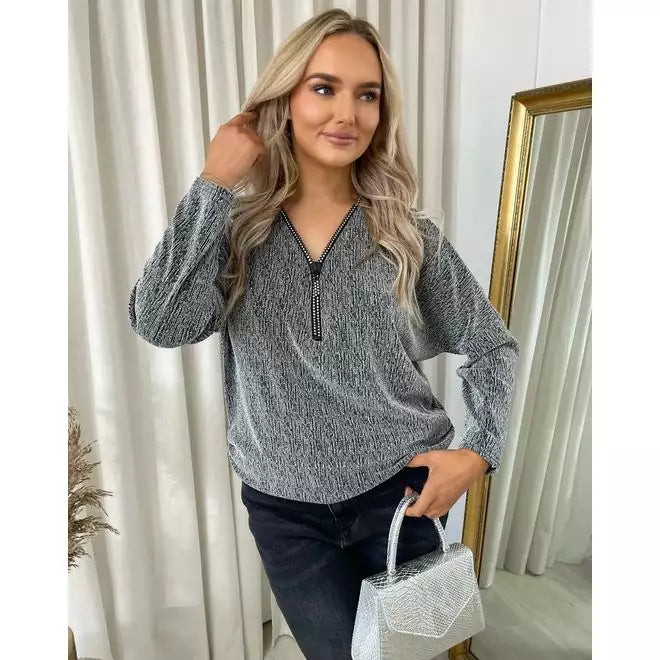 Front Zip Detail Glitz Top